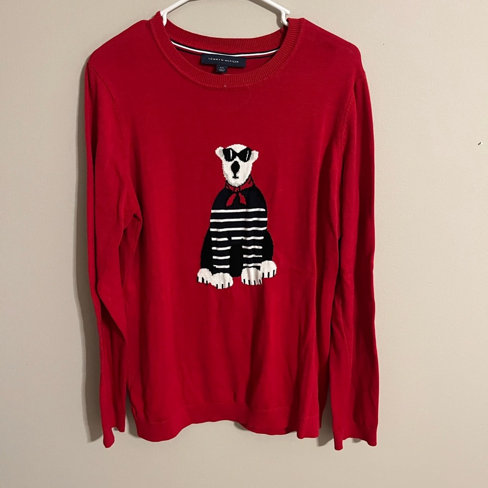 Tommy Hilfiger Red Crew Neck Sweater with Playful Dog Design